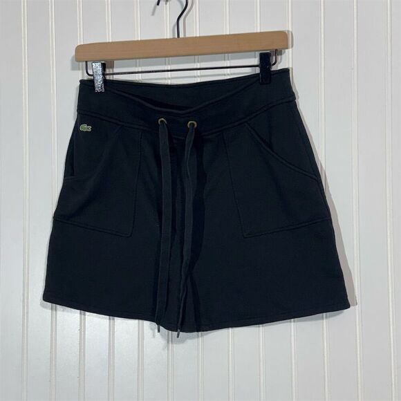 Lacoste Women’s Black Cotton Drawstring Skirt Size 36 US 4 Logo Pocket Casual - Picture 1 of 8